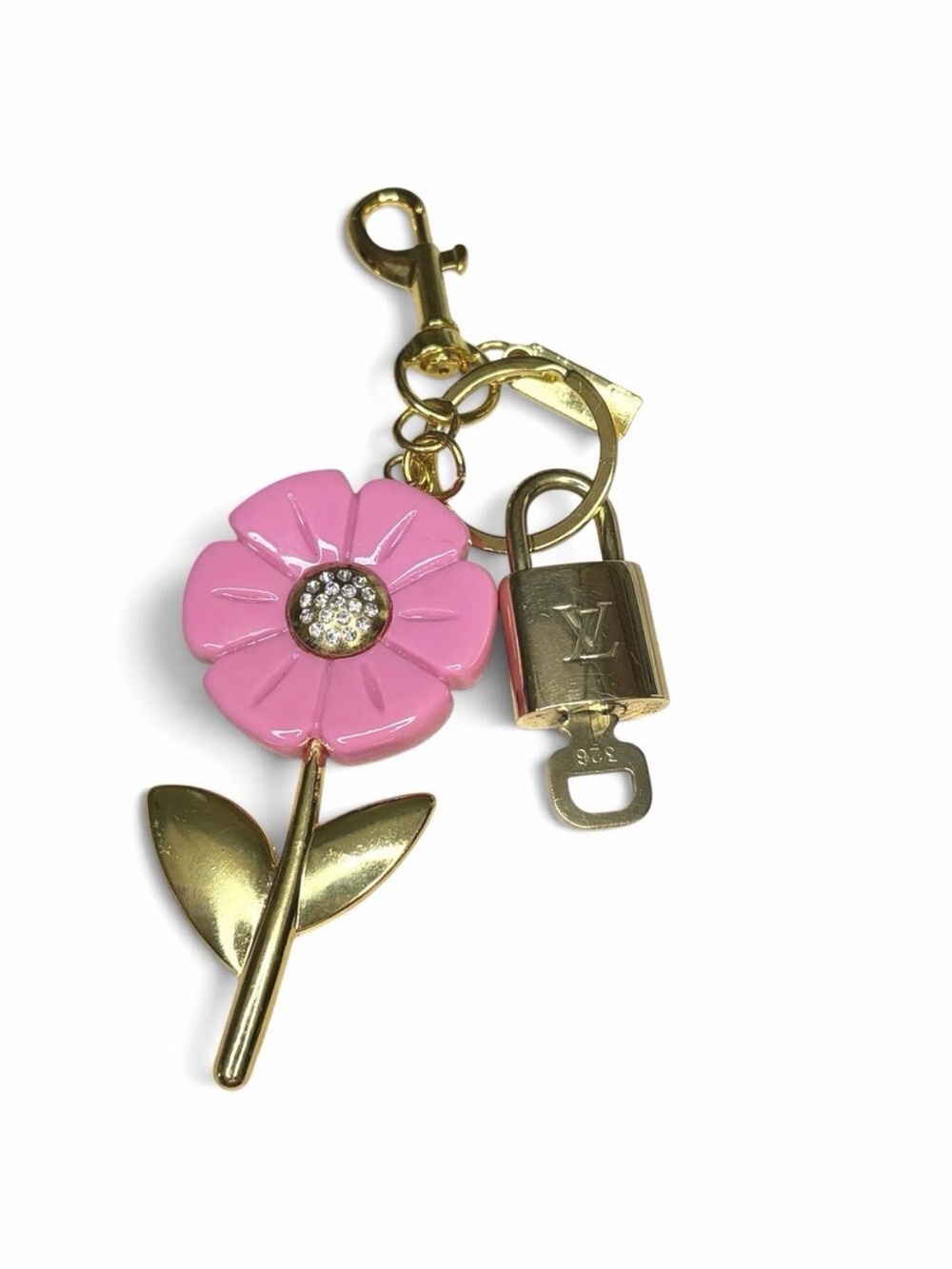 Louis Vuitton Lock & Key #326 w/a Pink Rhinestone Flower Charm Keychain